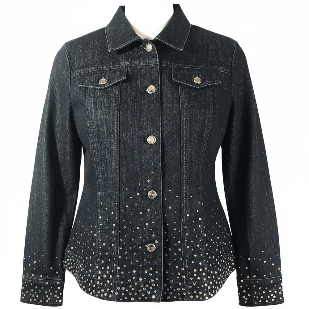 CHICO’S PLATINUM Women’s Dark wash Rhinestone Jeans Jacket size 2 Equivalent L